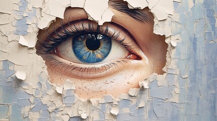 Generative AI, Woman eye looking through a torn hole in vintage paper, blue and beige colors mural. Painted hyperrealistic female art. - obrazy, fototapety, plakaty