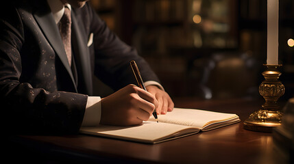 Businessman sitting at a sleek desk writing important notes with a fountain pen