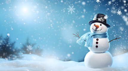 Obraz premium Merry christmas and happy new year concept. Happy snowman standing in christmas landscape, snow fall, Generative AI