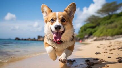 Cute corgi dog running on a tropical beach