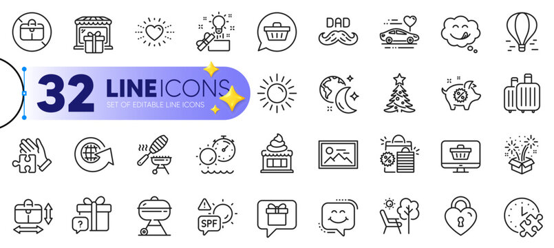 Outline set of Creative idea, Puzzle time and Heart line icons for web with Ice cream, Fireworks, Secret gift thin icon. Fish grill, Puzzle, Air balloon pictogram icon. Handbag size. Vector