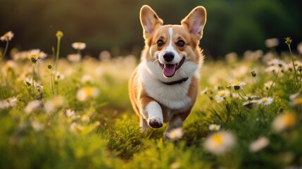 Naklejka na ściany i meble Cute corgi dog running in a green daisy flower field