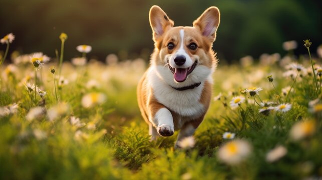 Cute corgi dog running in a green daisy flower field