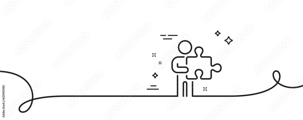 Poster man with puzzle line icon. continuous one line with curl. jigsaw piece sign. business challenge symb
