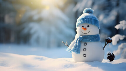 Obraz premium Merry christmas and happy new year concept. Happy snowman standing in christmas landscape, snow fall, Generative AI