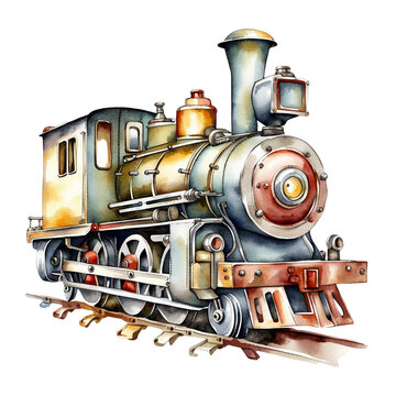 Old Retro Locomotive Toy, PNG Clipart Image, Vintage Painted Watercolor Art, Generative AI