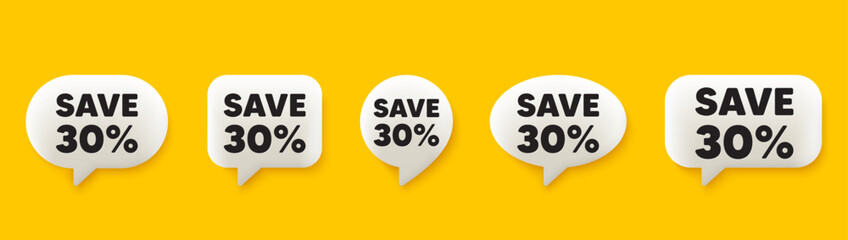 Save 30 percent off tag. 3d chat speech bubbles set. Sale Discount offer price sign. Special offer symbol. Discount talk speech message. Talk box infographics. Vector