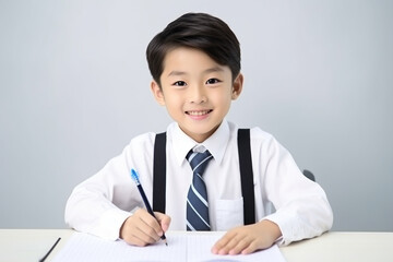 A happy Japanese school boy is sitting at the desk doing homework, white background. Asia. Asian. China. Japan. illustration created with AI