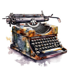 Fototapeta na wymiar Old Retro Typewriter, PNG Clipart Image, Vintage Painted Watercolor Art, Generative AI