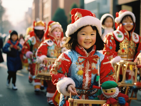 Asian children are participating in a Christmas costume parade. Dressed as various Christmas characters from different Asian cultures, they parade through their neighborhood or school.