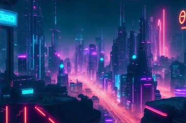 A futuristic cityscape illuminated by the neon glow.Created with generative AI
