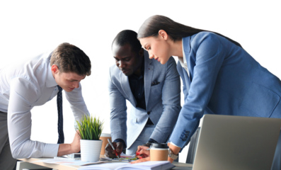 startup business team on meeting on a transparent background brainstorming, working on laptop and tablet computer