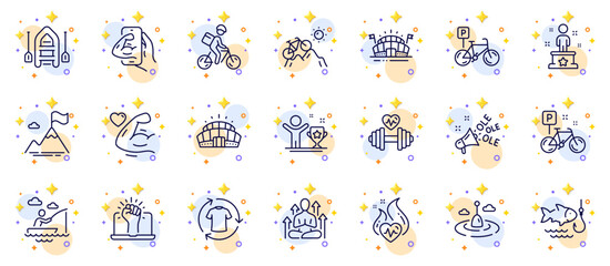 Outline set of Delivery bike, Dumbbell and Boat line icons for web app. Include Success, Arena stadium, Strong arm pictogram icons. Bicycle parking, Boat fishing, Yoga signs. Bike. Vector