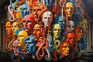 Digital illustration of a group of colorful split personalities or alters masks, suffering from dissociative disorder, splitting by borderline or schizophrenia, Created with generative ai