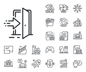 Entry door sign. Floor plan, stairs and lounge room outline icons. Entrance line icon. Building exit symbol. Entrance line sign. House mortgage, sell building icon. Real estate. Vector