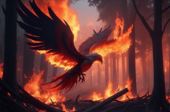 A phoenix rising from the ashes of a burning forest.Created with generative AI

