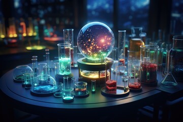 Scientific equipments spread on desk. Generative AI