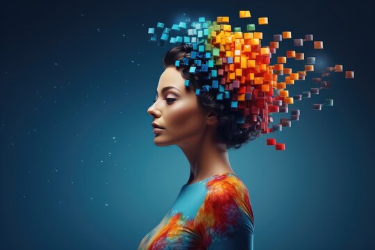 Portrait of beautiful young futuristic woman with colorful blocks representing thoughts on her head, on blue background. Thinking or artificial intelligence. Created with generative ai 