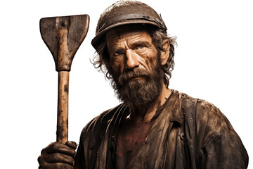 Half Body View of a Miner Holding a Mattock on Transparent Background. AI