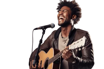 Abwaschbare Fototapete Seoel Half Body Musician Smiling with Microphone on Transparent Background. AI