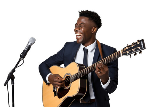 Half Body Musician Smiling with Microphone on Transparent Background. AI
