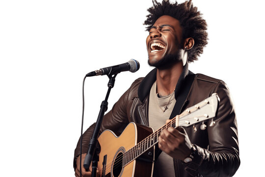 Half Body Musician Smiling with Microphone on Transparent Background. AI