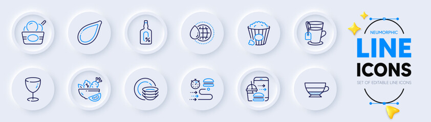 Americano, Glass and Food delivery line icons for web app. Pack of Food order, Ice cream, Tea pictogram icons. Salad, Popcorn, Pumpkin seed signs. Alcohol free, Dishes, World water. Vector