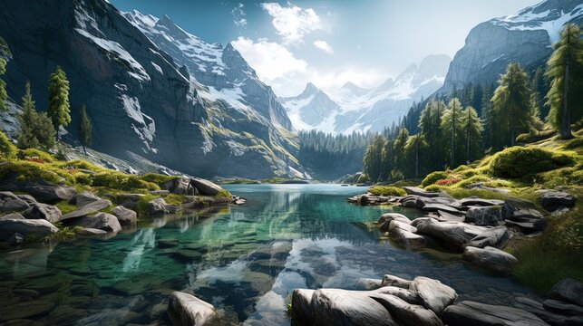Photo of Oeschinen Lake in Switzerland, generated by AI