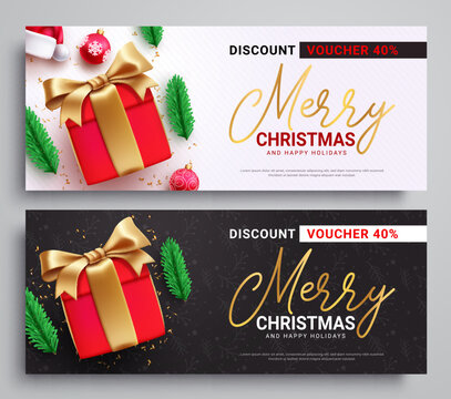 Christmas voucher sale set vector design. Merry christmas greeting text in gift certificate vouchers discount for holiday season shopping. Vector illustration gift card vouchers collection.
