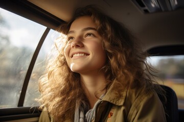 Fototapeta na wymiar happy woman travel summer by car in vacation. Generative AI