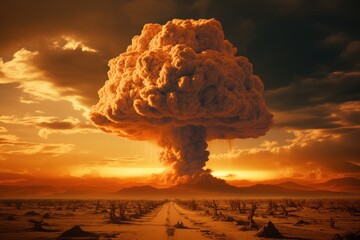 Fototapeta na wymiar A mushroom cloud in the desert, the aftermath of a nuclear test - AI Generated