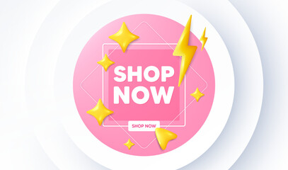Shop now tag. Neumorphic promotion banner. Special offer sign. Retail Advertising symbol. Shop now message. 3d stars with energy thunderbolt. Vector