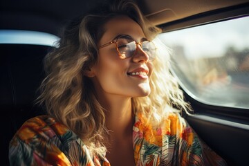 Obraz na płótnie Canvas happy woman travel summer by car in vacation. Generative AI