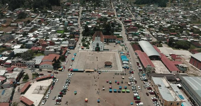 Main square and indigenous church in Chamula, Chiapas, Mexico. Aerial