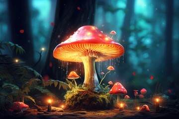 Magic mushroom pattern in fairy tale woods, nature wallpaper. Generative Ai.