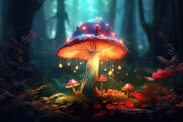 Fototapeta na wymiar Magic mushroom pattern in fairy tale woods, nature wallpaper. Generative Ai.
