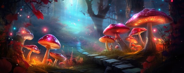 Magic mushroom pattern in fairy tale woods, nature wallpaper, panorama. Generative Ai.