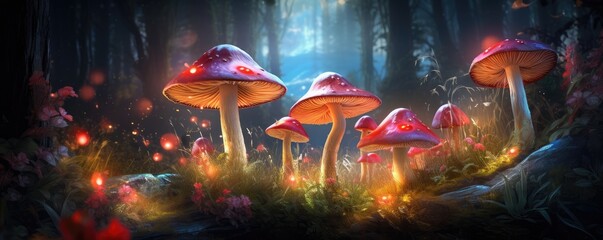 Fototapeta premium Magic mushroom pattern in fairy tale woods, nature wallpaper, panorama. Generative Ai.