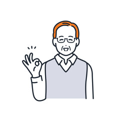 笑顔でOKサインをするシニア男性のシンプルなベクターイラストセット素材