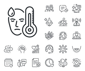 Temperature thermometer sign. Online doctor, patient and medicine outline icons. Sick man with fever line icon. Flu illness symbol. Fever line sign. Veins, nerves and cosmetic procedure icon. Vector