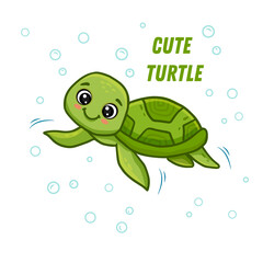 cute cartoon turtle swimming. Funny sea turtle isolated on white. 