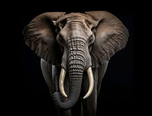 Naklejka na ściany i meble Portrait eines afrikanischen Elefanten vor schwarzem Hintergrund erstellt mit generativer KI