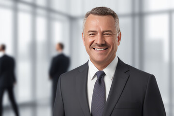 Fototapeta premium Smiling businessman, standing in blur background of office. generative AI