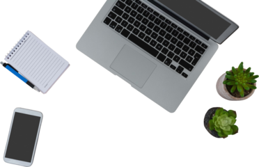 Digital png photo of laptop, smartphone, notebook and plants on transparent background