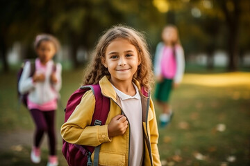 Happy and Smiling Little Girl Carrying a Backpack Wearing Casual Going Back To School Cute Girl Getting On School Bus