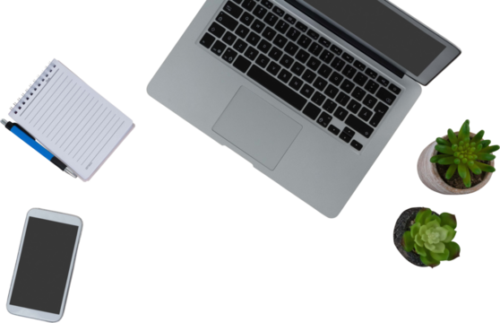 Digital png photo of laptop, smartphone, notebook and plants on transparent background - Powered by Adobe