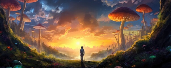 Magic mushroom in the sunny forest with a little boy standing next, panorama. Generative Ai. - obrazy, fototapety, plakaty
