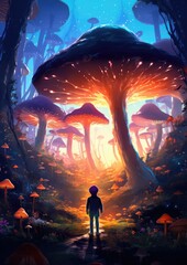 Magic mushroom in the sunny forest with a little boy standing next. Generative Ai.