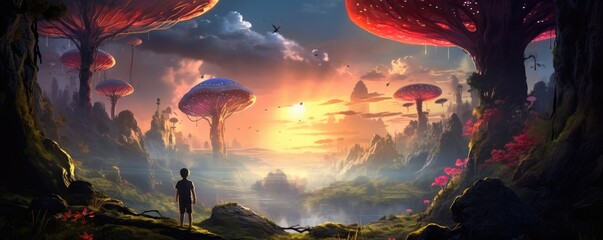 Magic mushroom in the sunny forest with a little boy standing next, panorama. Generative Ai. - obrazy, fototapety, plakaty