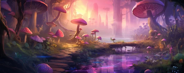 Fotobehang Magic mushroom pattern in fairy tale woods, nature wallpaper, panorama. Generative Ai. © annamaria